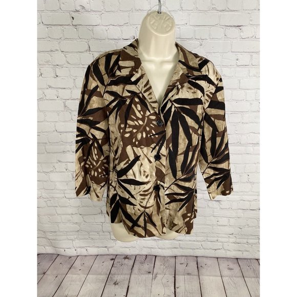 VTG Ellen Figg Linen/ Cotton Blend Brown Black Leafy Print Button Up Blouse 14 - Picture 1 of 8